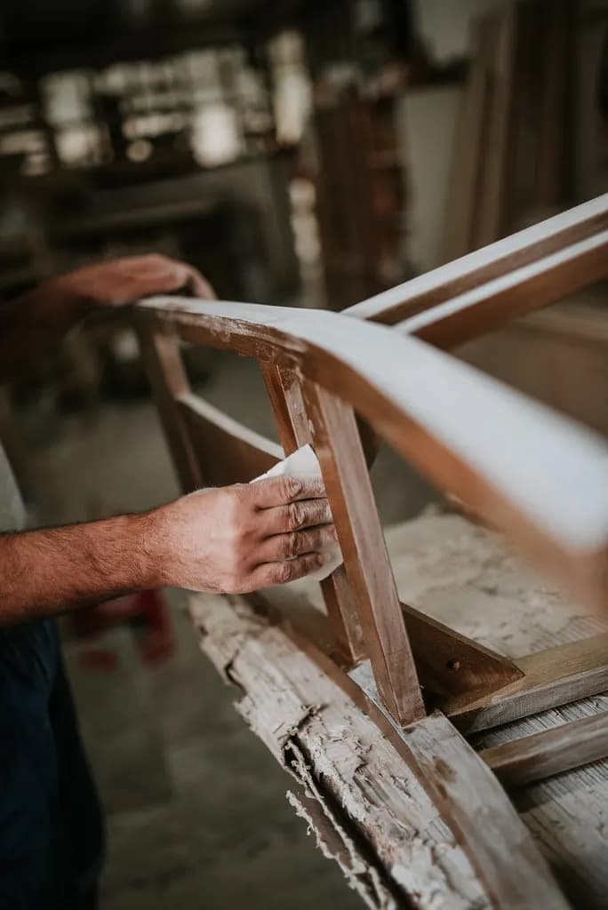 A furniture maker sanding the frame of a wooden chair by hand in a small workshop