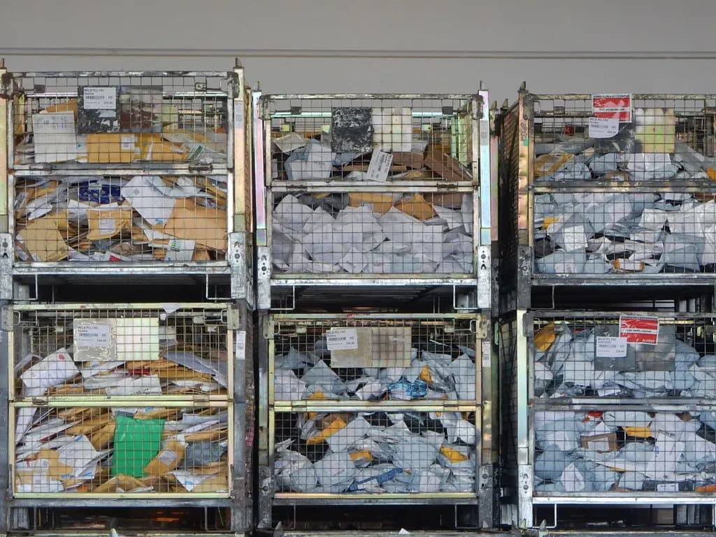 Wire cages stacked two high and filled with padded envelopes and small parcels awaiting sorting