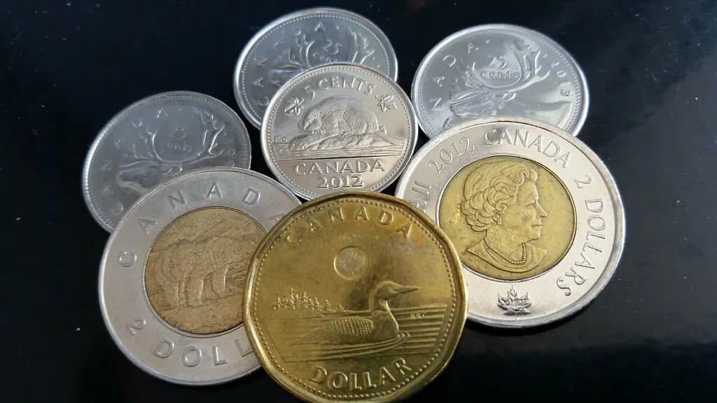 A pile of Canadian one-dollar loonie and two-dollar toonie coins