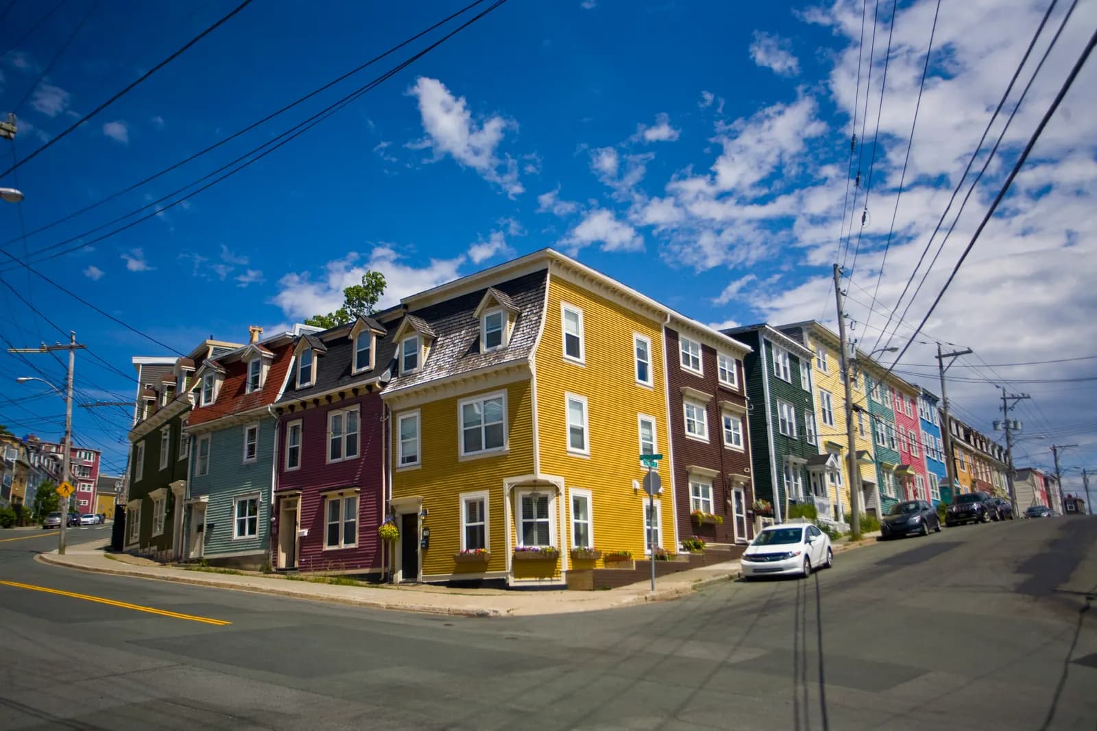 Colourful Jellybean Row houses on a hillside street in St. John's, Newfoundland