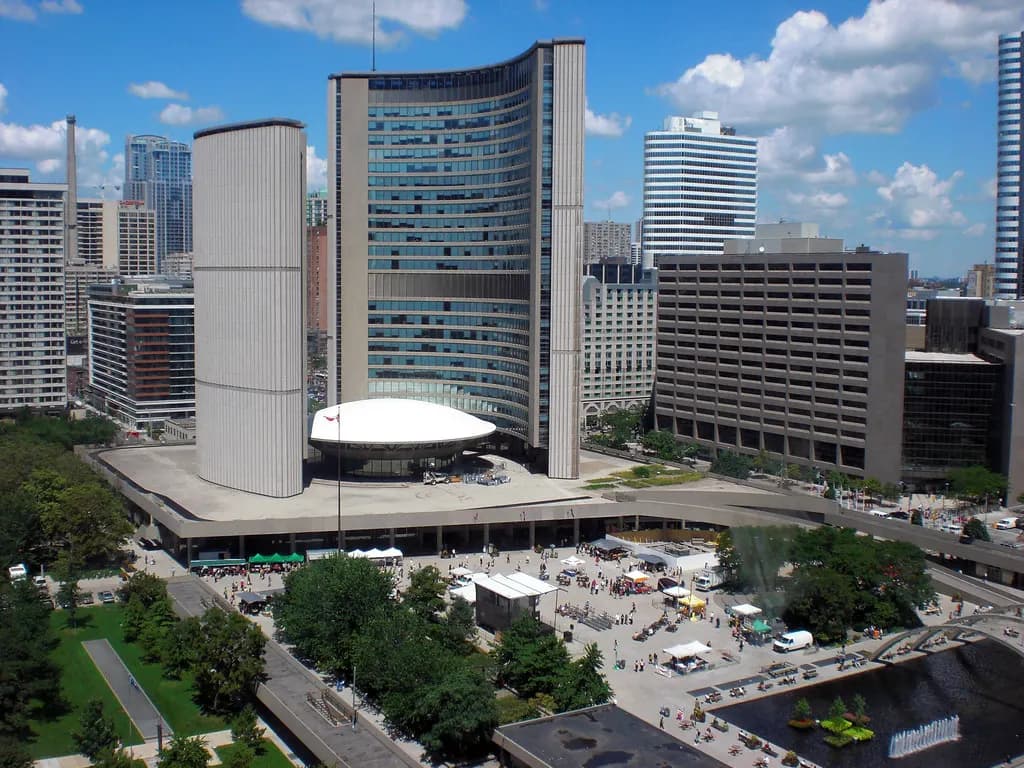 Toronto City Hall's two curved towers above Nathan Phillips Square