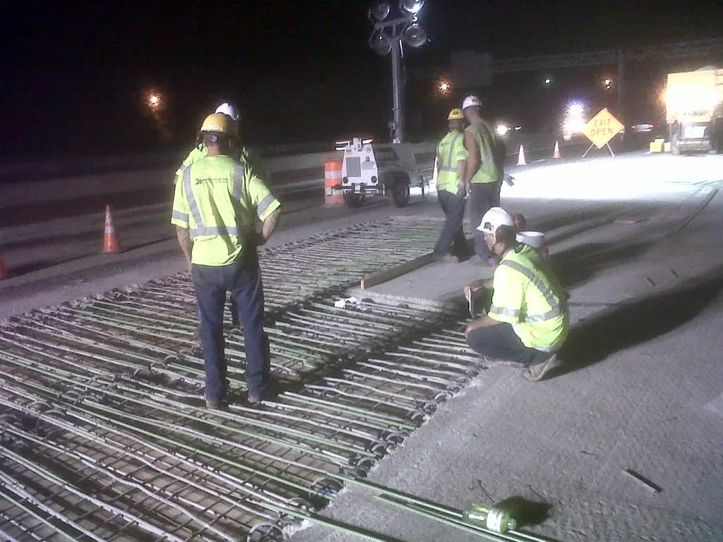 Road workers in hard hats and high-visibility vests laying rebar on a bridge deck at night under floodlights