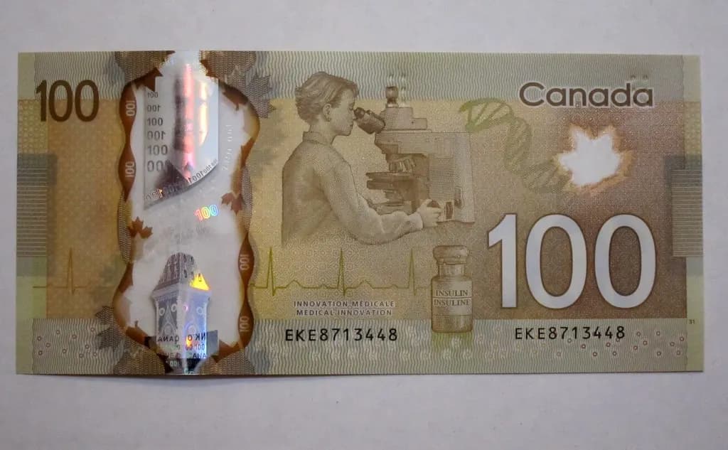 A Canadian polymer 100-dollar banknote held up against a light background