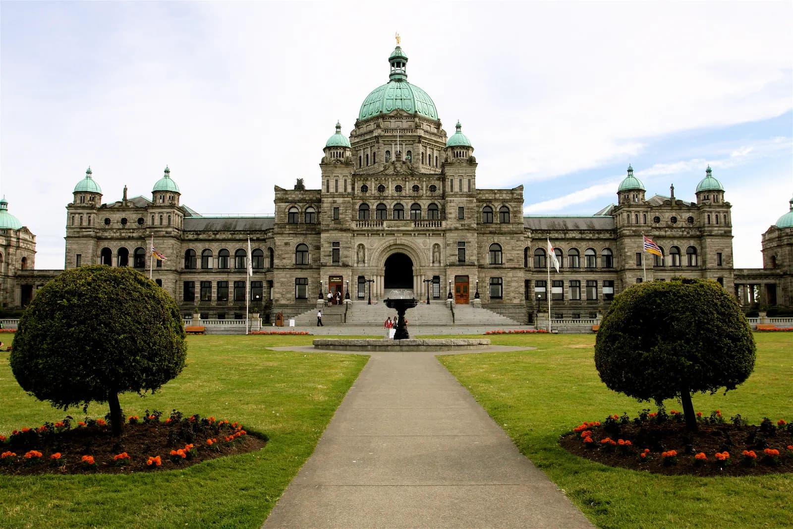 The British Columbia Parliament Buildings in Victoria with their copper domes and lawn