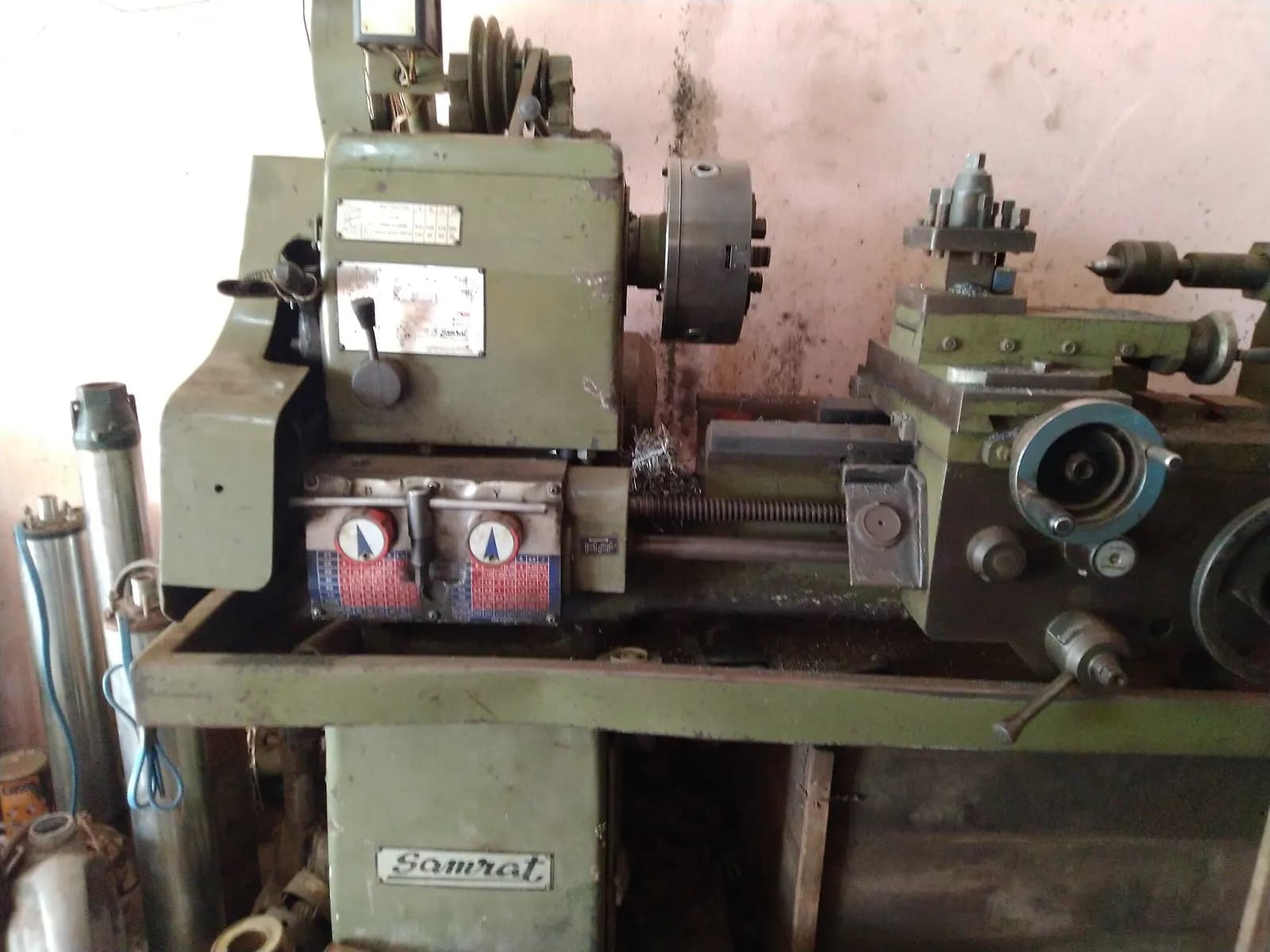 A lathe machine in a small electrical repair workshop in Hingoli, Maharashtra