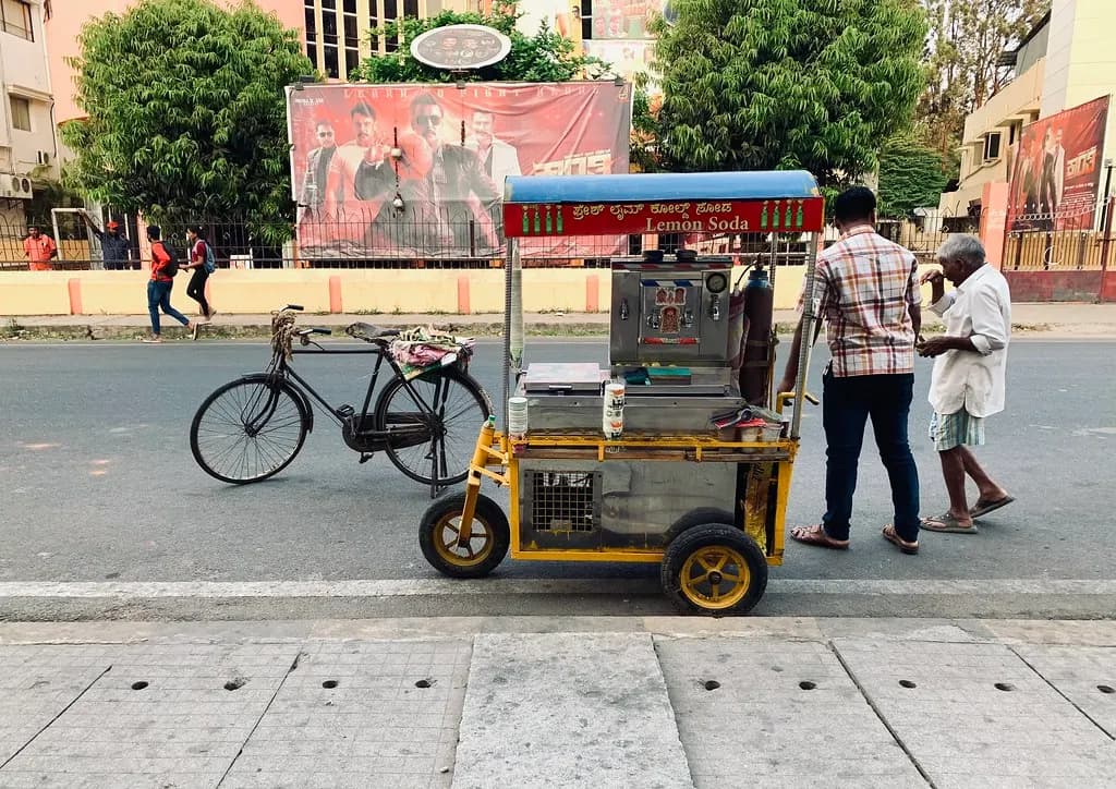 A lime soda cart parked on a street in Mysore, Karnataka