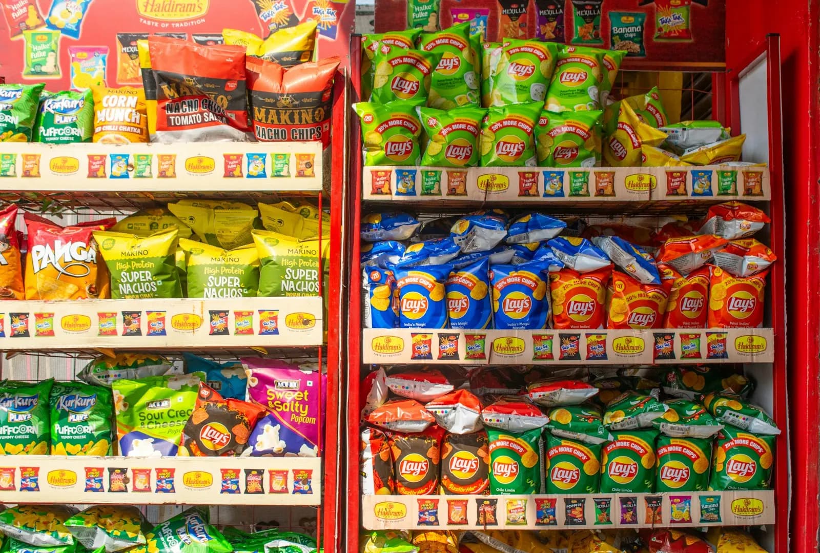 Packaged goods on the shelves of an Indian grocery store