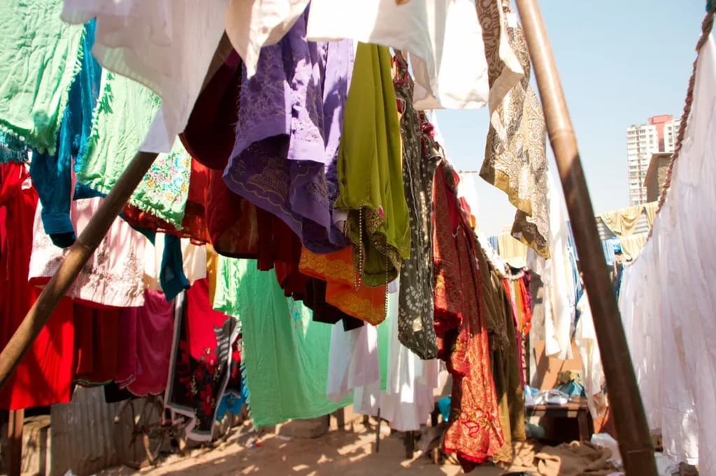 Rows of washed clothes drying on lines at Dhobi Ghat, Mumbai