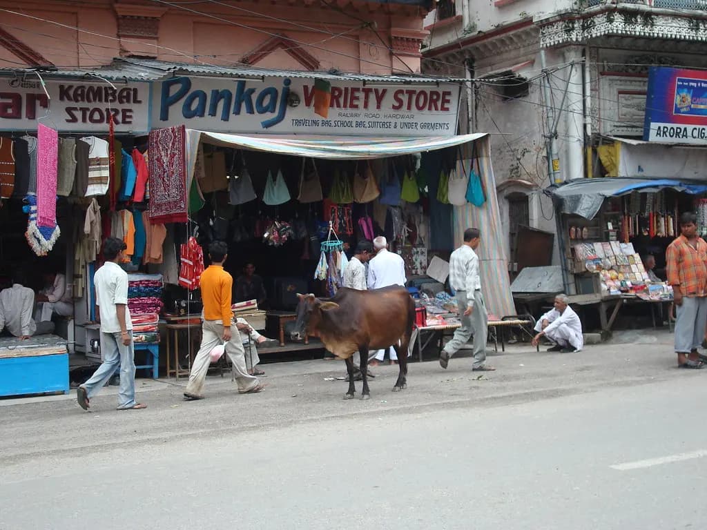 Street of shops selling blankets, bags and clothes in a Haridwar market