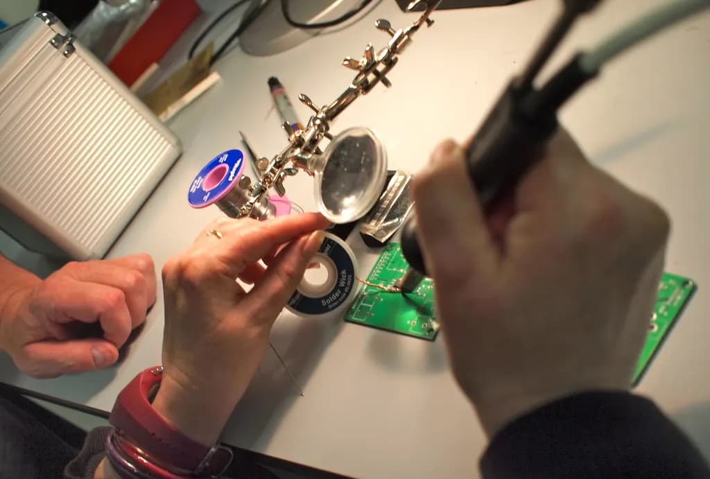 Hands soldering surface-mount components onto a green printed circuit board with a fine-tip iron and magnifier