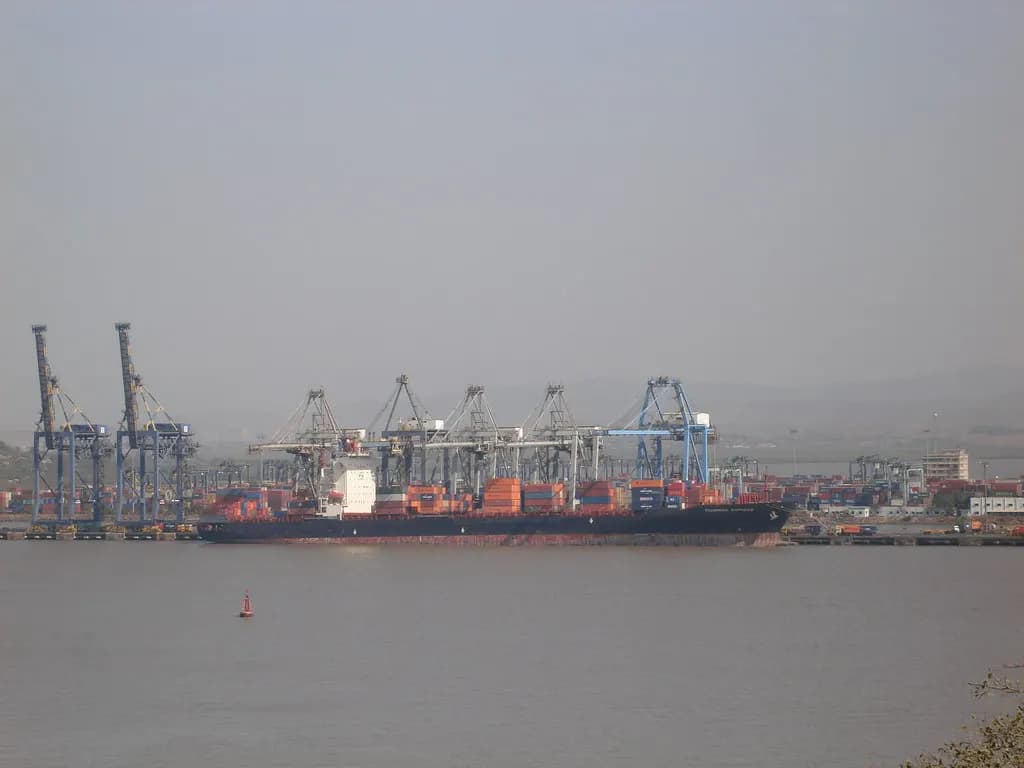 A container ship being loaded under gantry cranes at the Jawaharlal Nehru Port container terminal, seen across Mumbai harbour