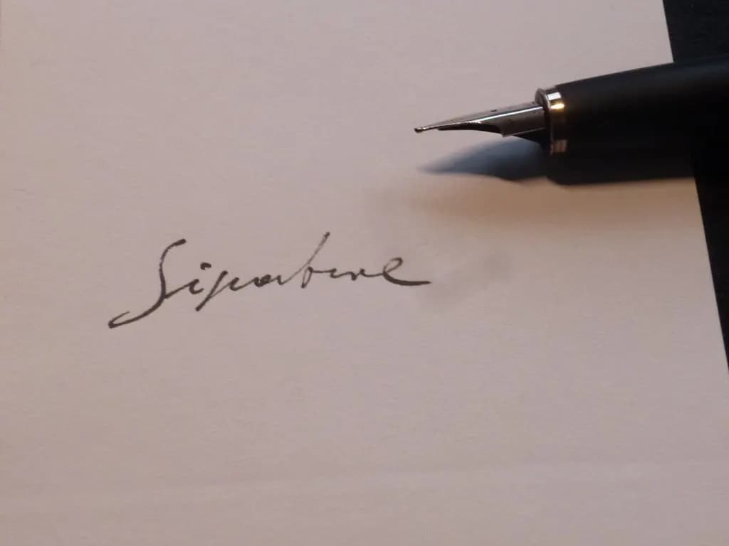 A fountain pen beside a handwritten signature on white paper