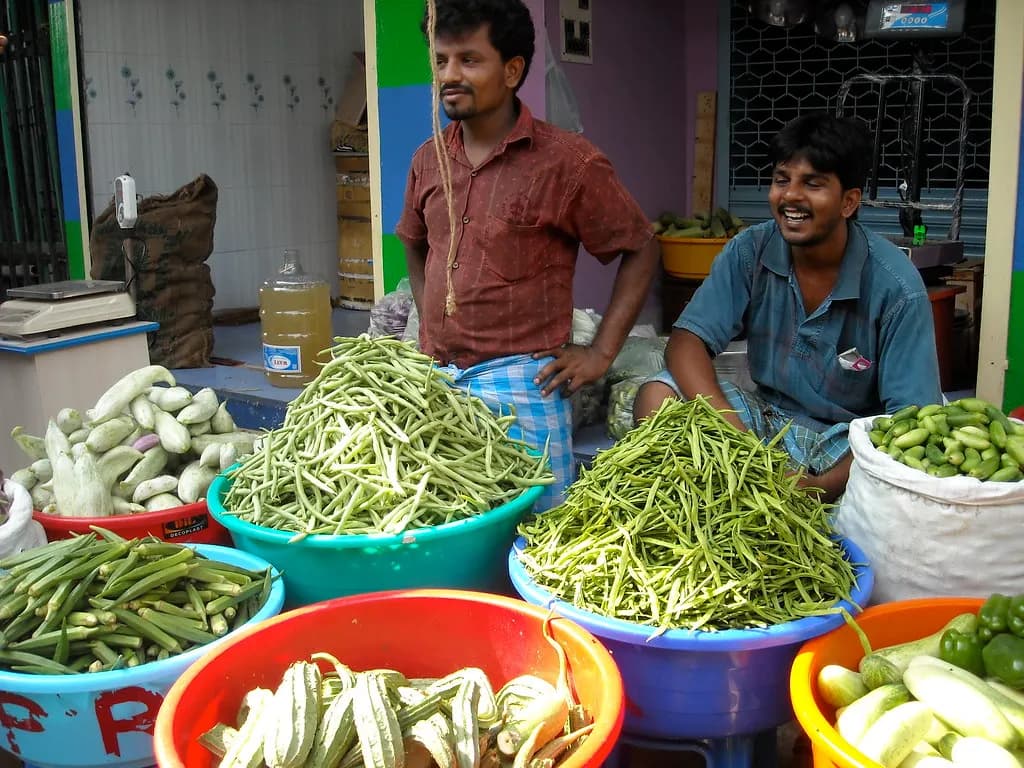 Two vendors with tubs of beans, gourds and other fresh vegetables at Koyambedu market, Chennai