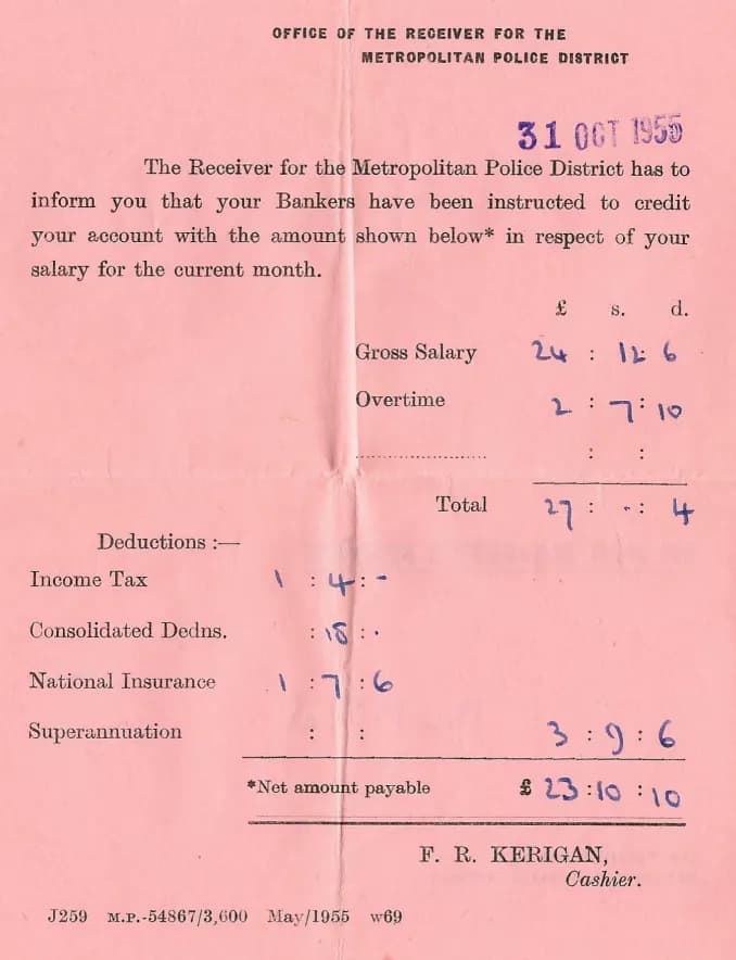 A 1955 Metropolitan Police payslip showing pay and deductions