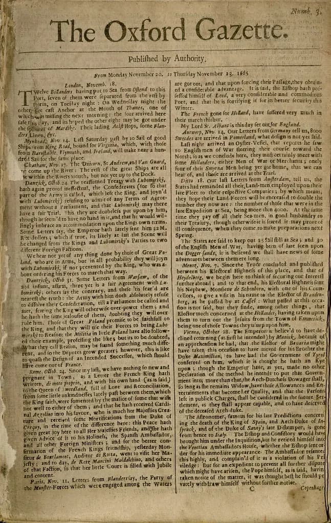 An early issue of The Oxford Gazette from 1665, the publication now known as The Gazette