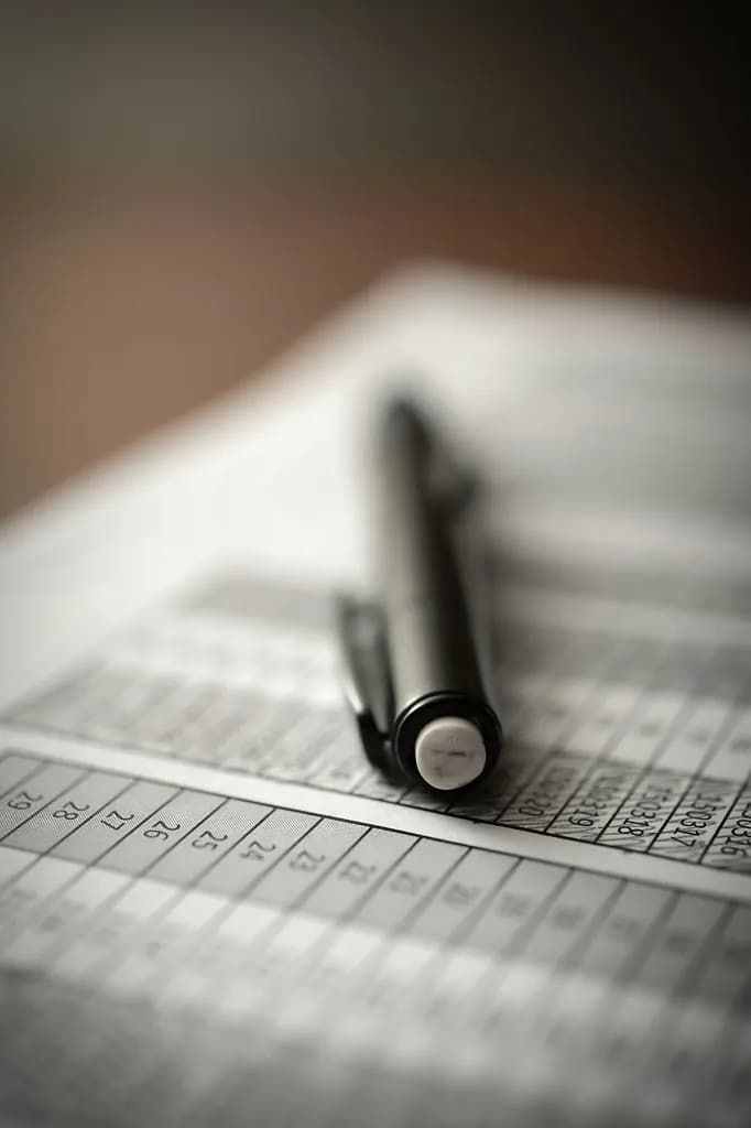 A printed spreadsheet of figures with a mechanical pencil resting on it
