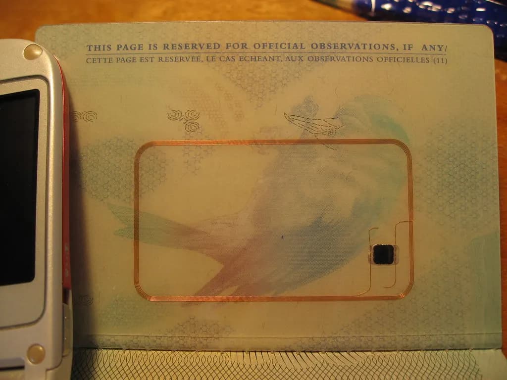 The page of a British passport showing its embedded contactless chip and antenna