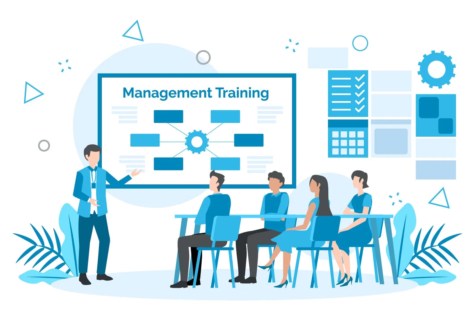 Illustration of a manager leading an in-person training session with four employees around a table