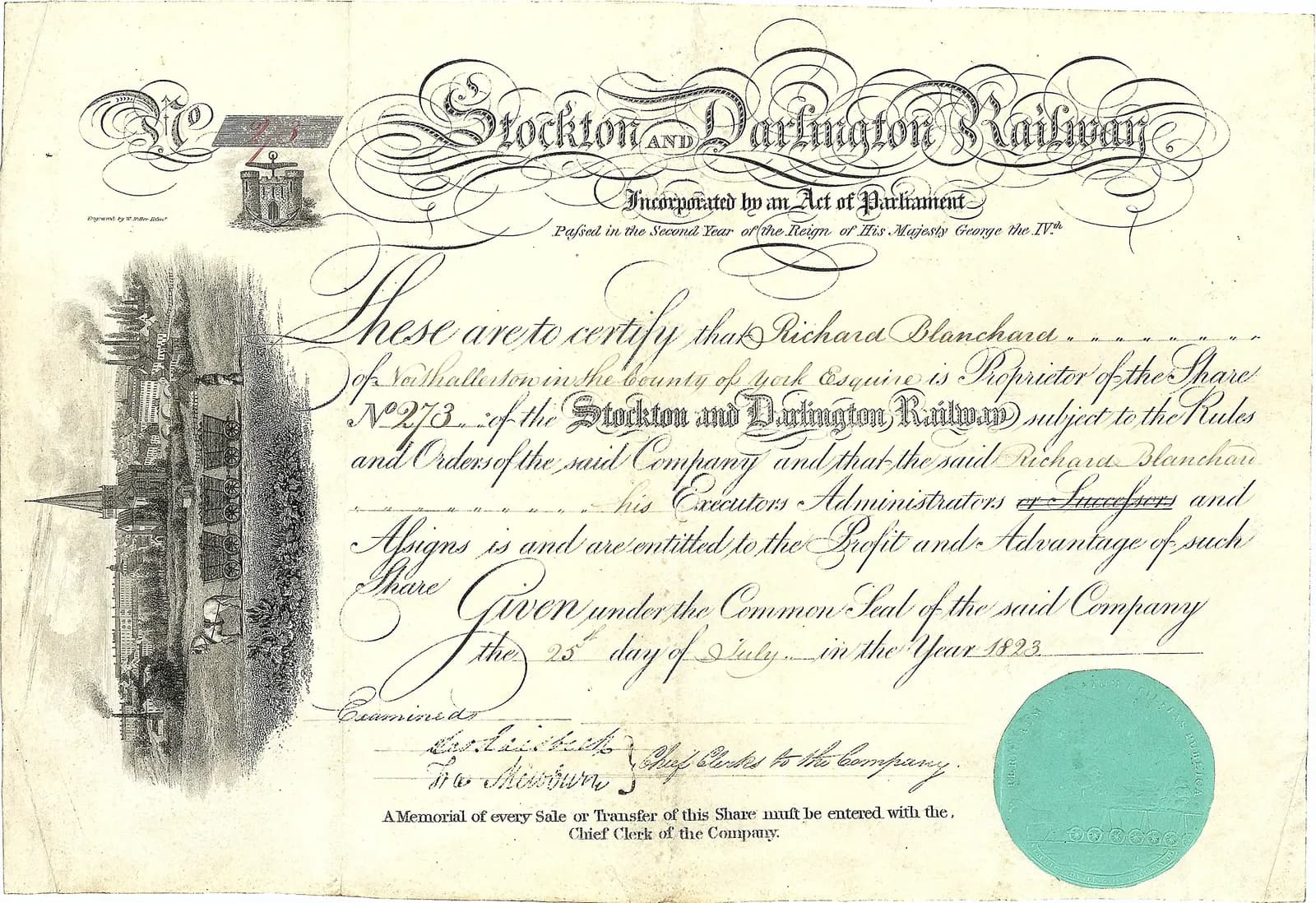 Share certificate issued in 1823 by the Stockton and Darlington Railway Company