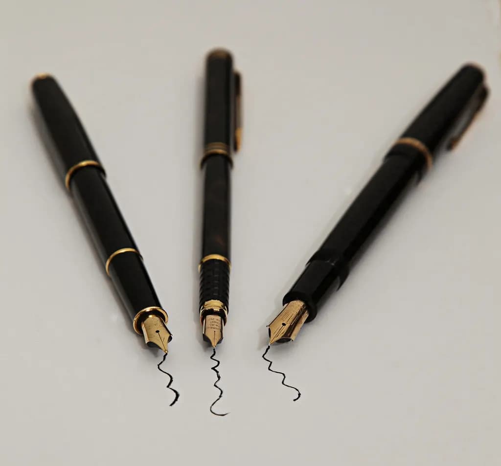 Three black and gold fountain pens laid side by side on a white surface