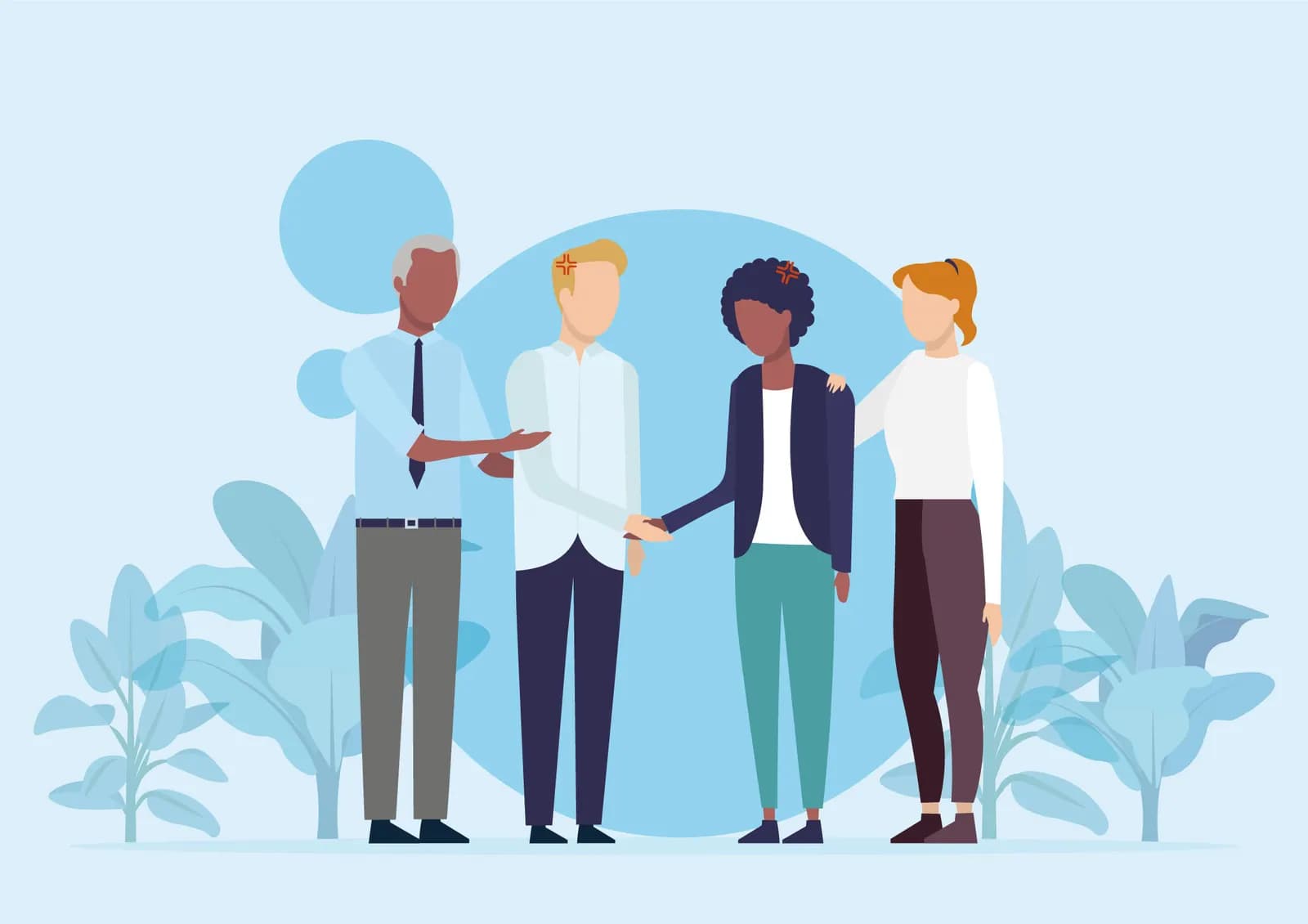 Illustration of four colleagues standing together while the two in the middle shake hands