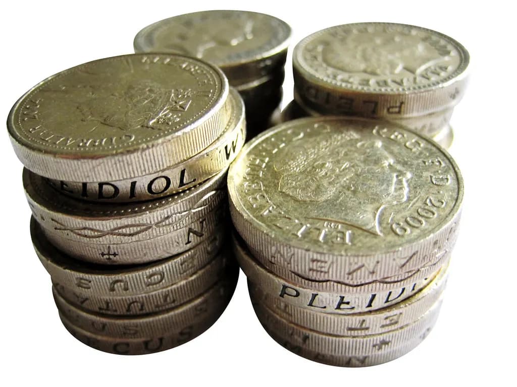 Stacks of British pound coins