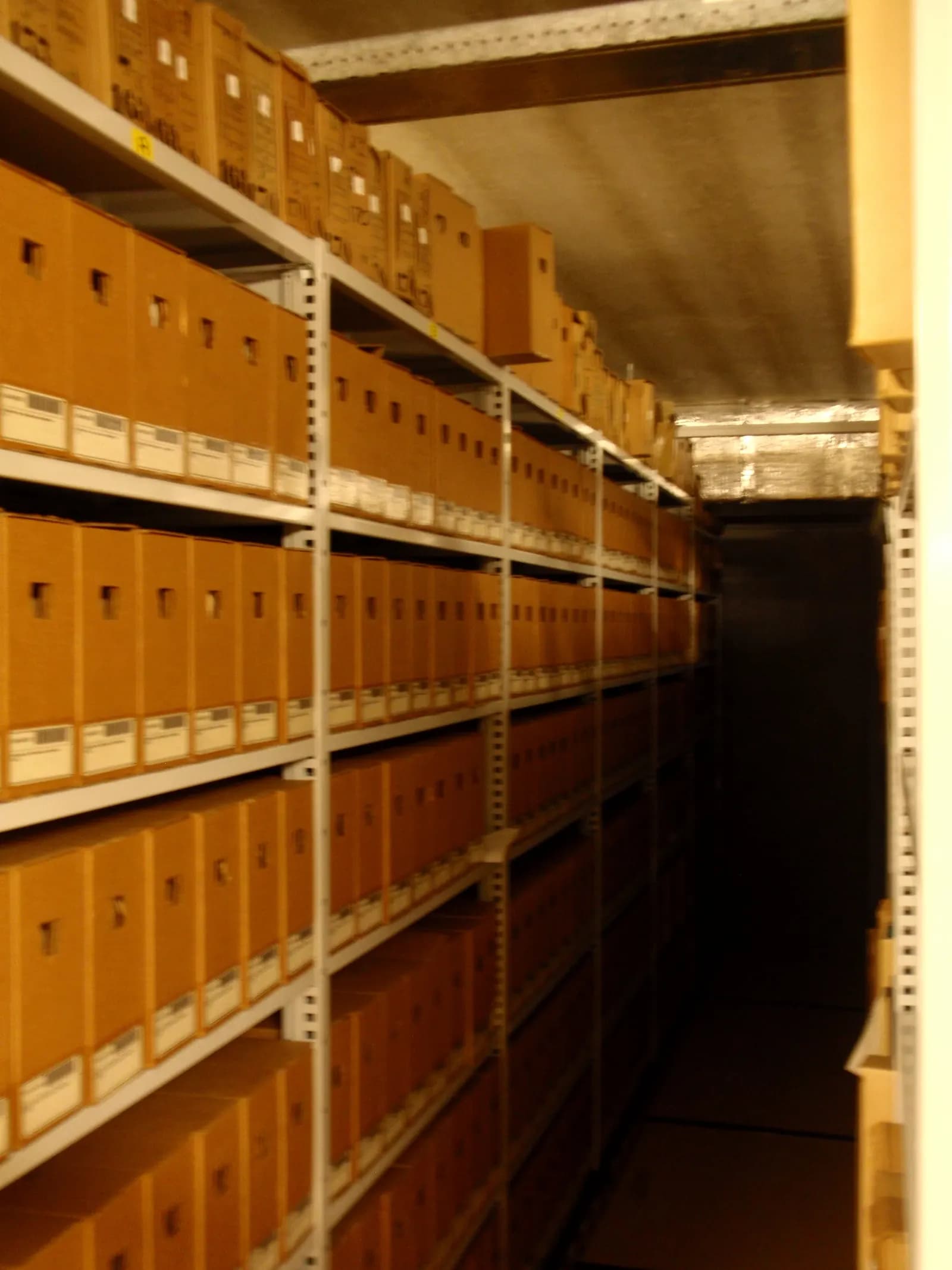 Rows of labelled cardboard archive boxes on shelves