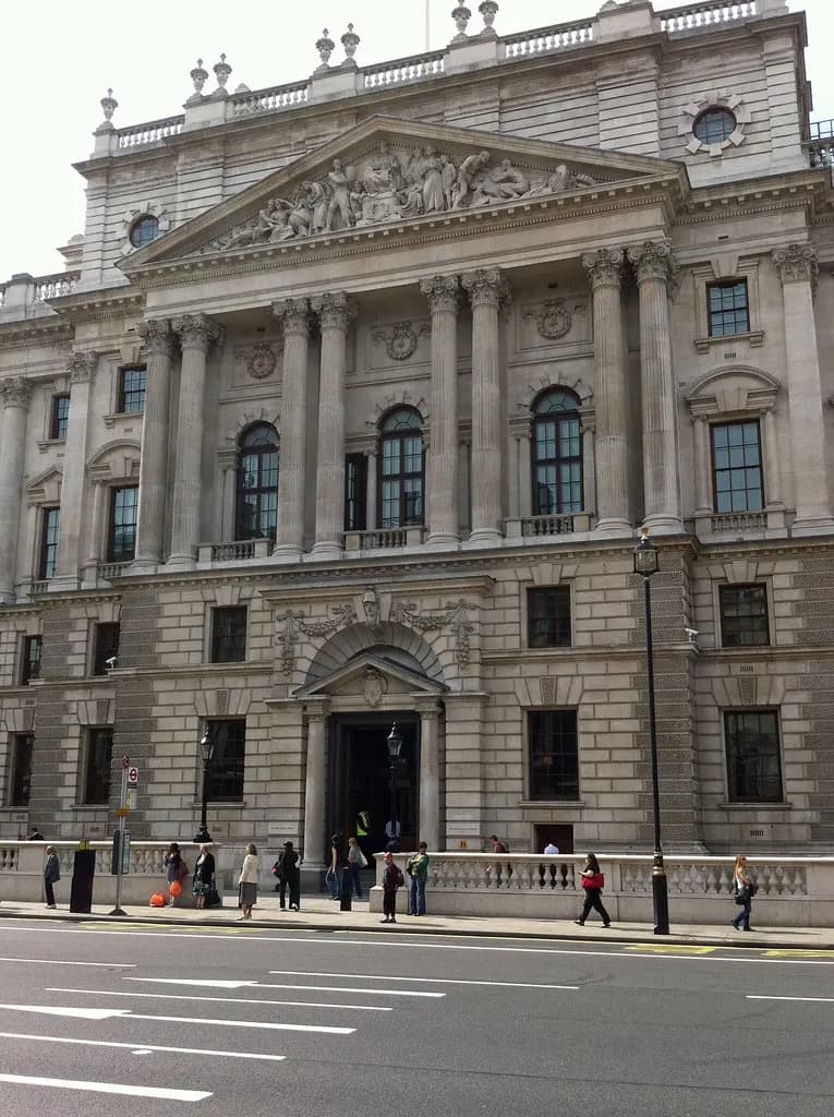 The stone facade of the HM Revenue and Customs building at 100 Parliament Street in Westminster