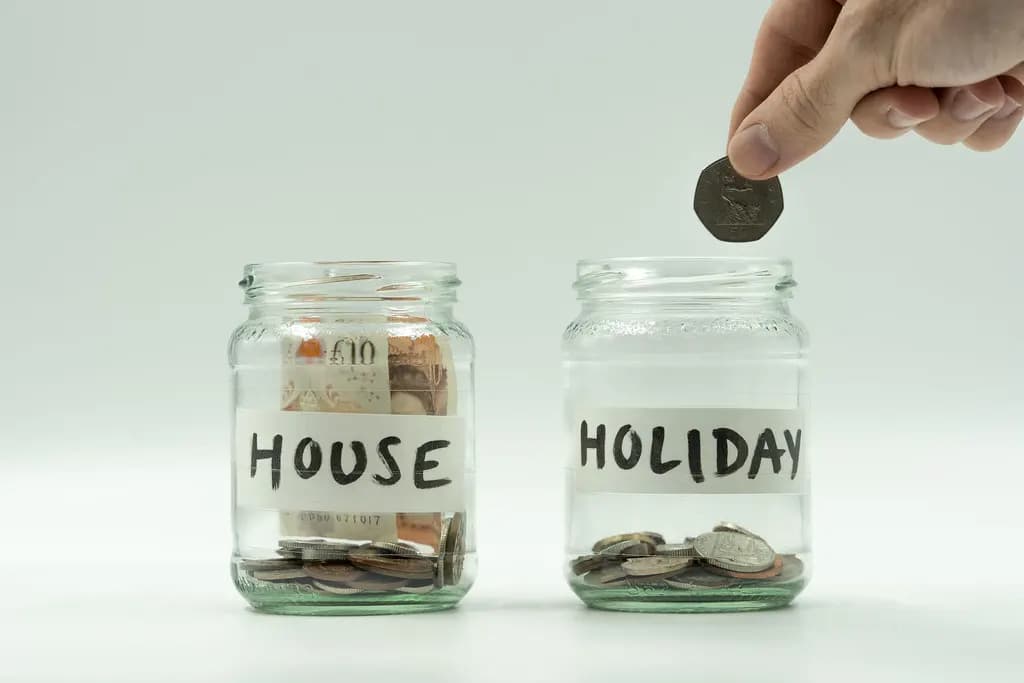 Two glass jars labelled House and Holiday holding pound coins and a £10 note, with a hand dropping in a coin