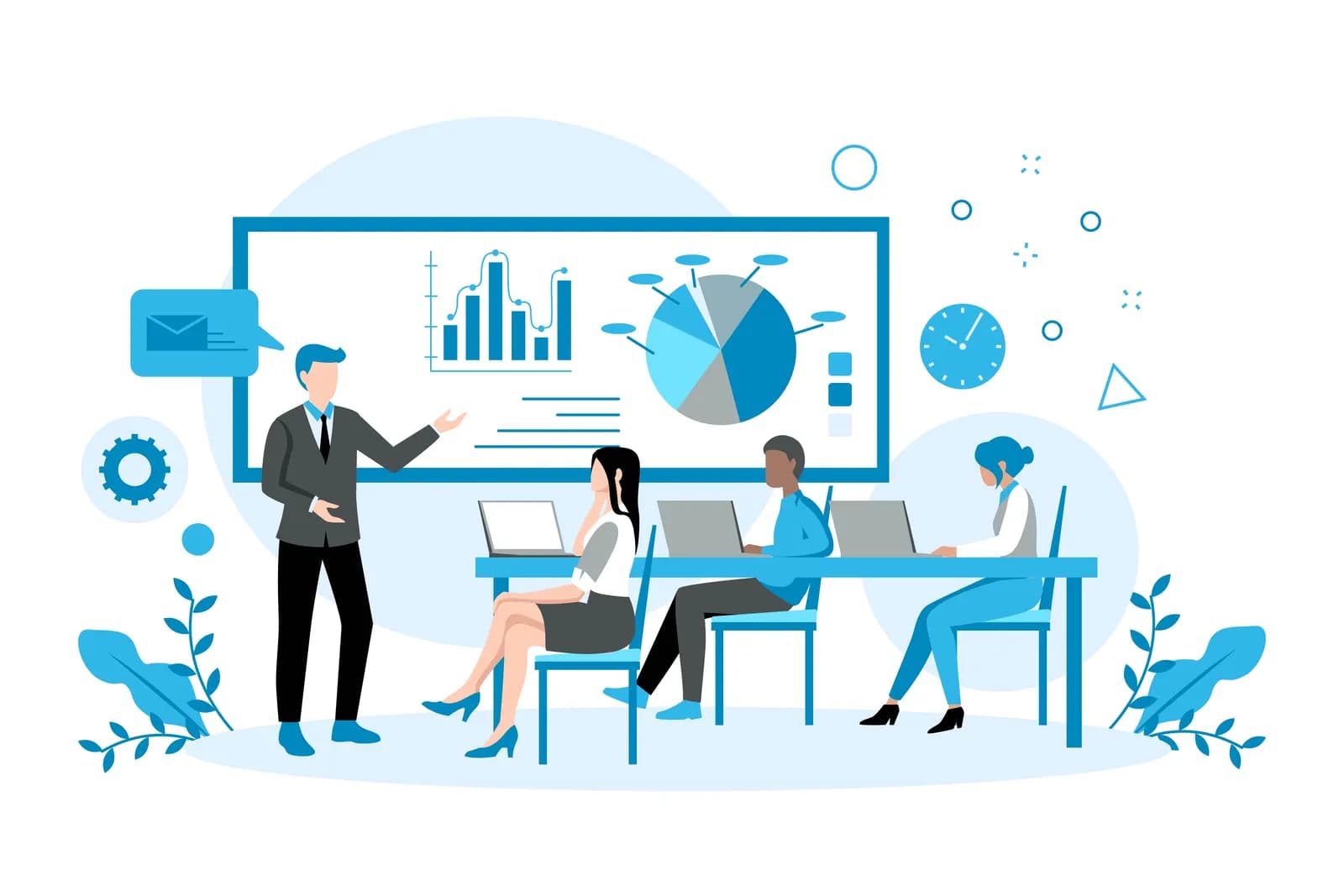 Illustration of three employees sitting at a table in an in-person workplace training session