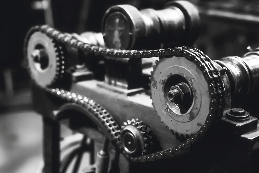 Close-up of chain-driven metalworking machinery in a workshop