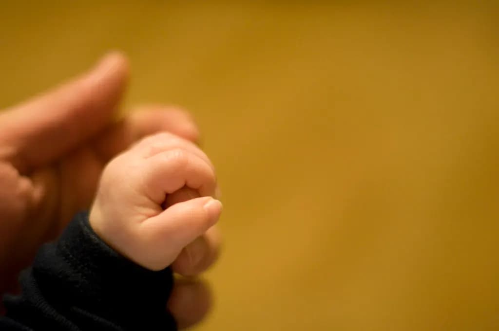 A newborn baby's hand gripping an adult's finger