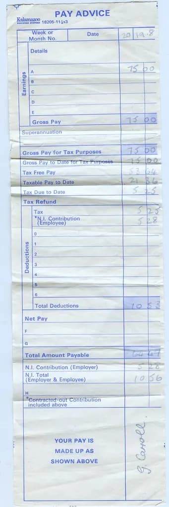 An old UK printed pay advice slip with columns for gross pay, tax-free pay, taxable pay to date and National Insurance