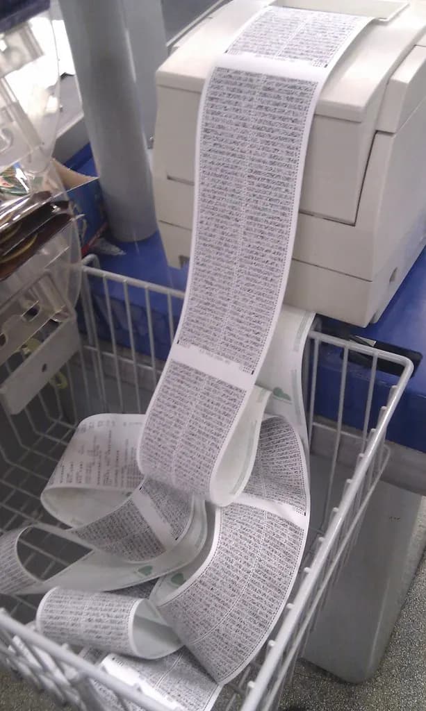 A long till receipt roll spilling from a printer into a basket