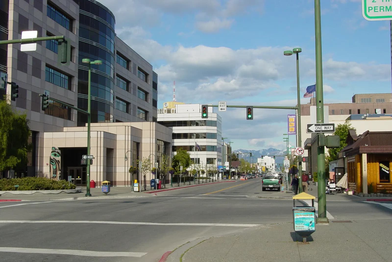 Shops and offices along 4th Avenue in downtown Anchorage, Alaska, looking east