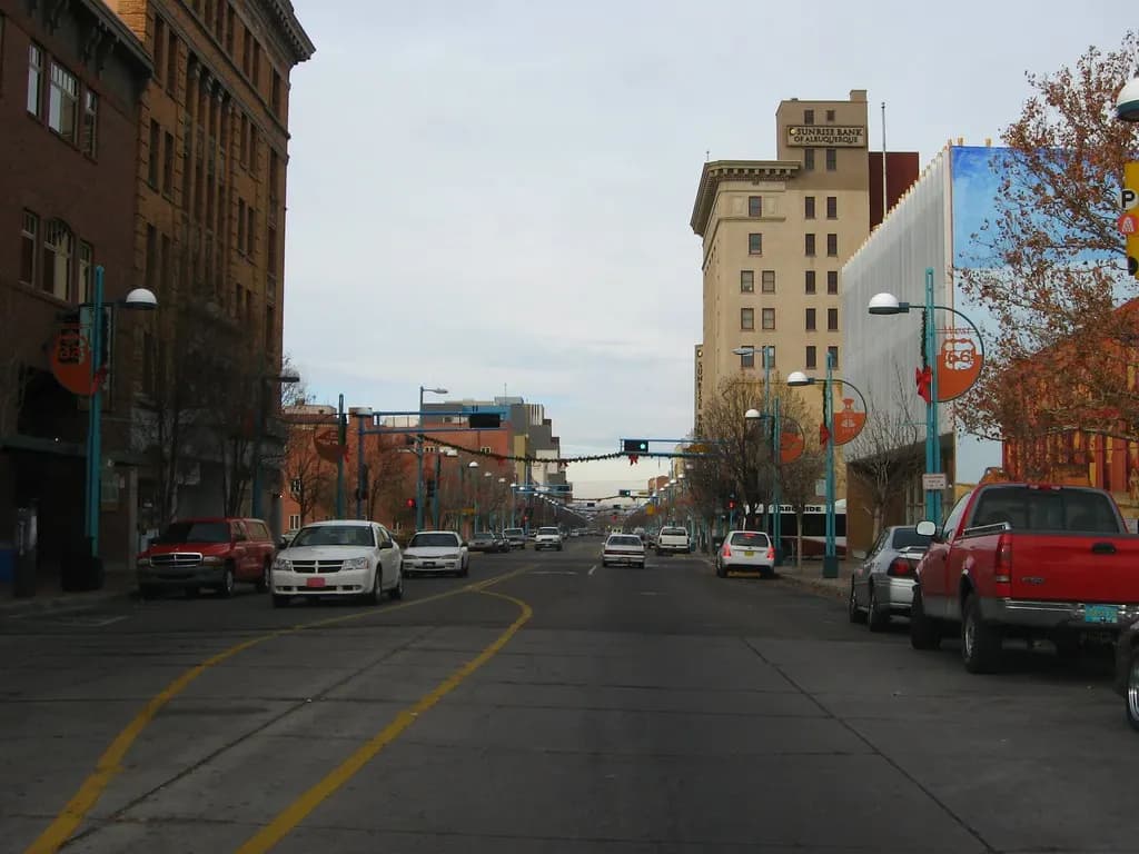 Storefronts and Route 66 street lights along Central Avenue in downtown Albuquerque