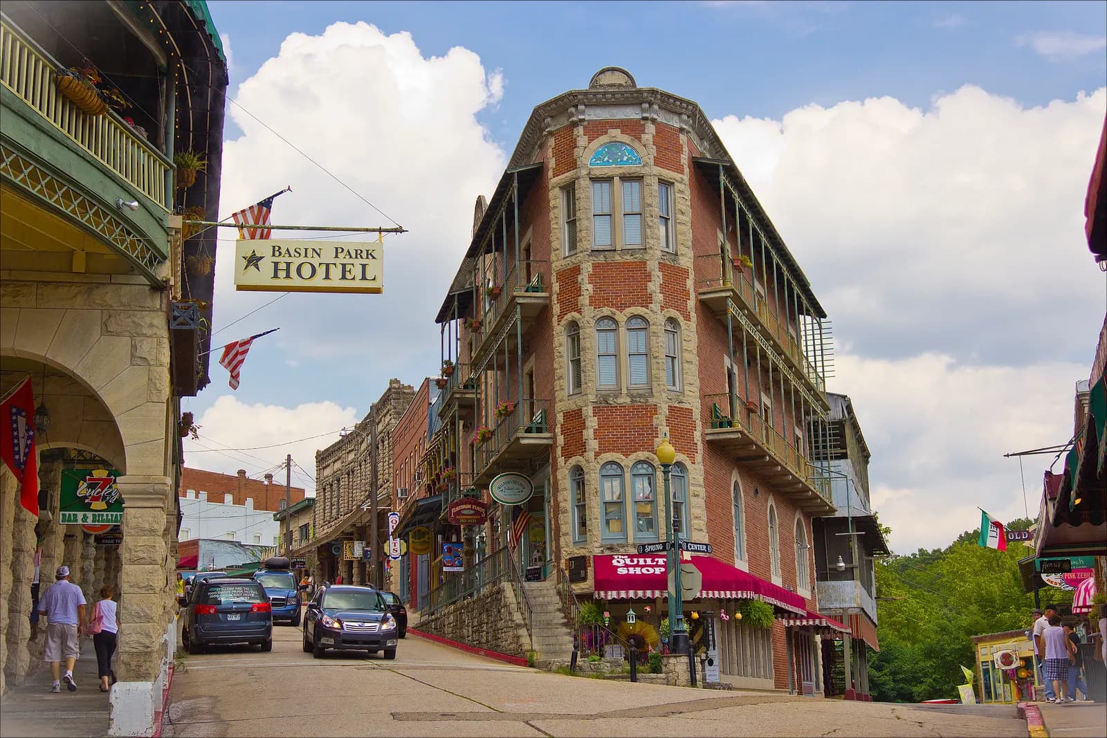 Victorian shopfronts on a hillside street in downtown Eureka Springs, Arkansas