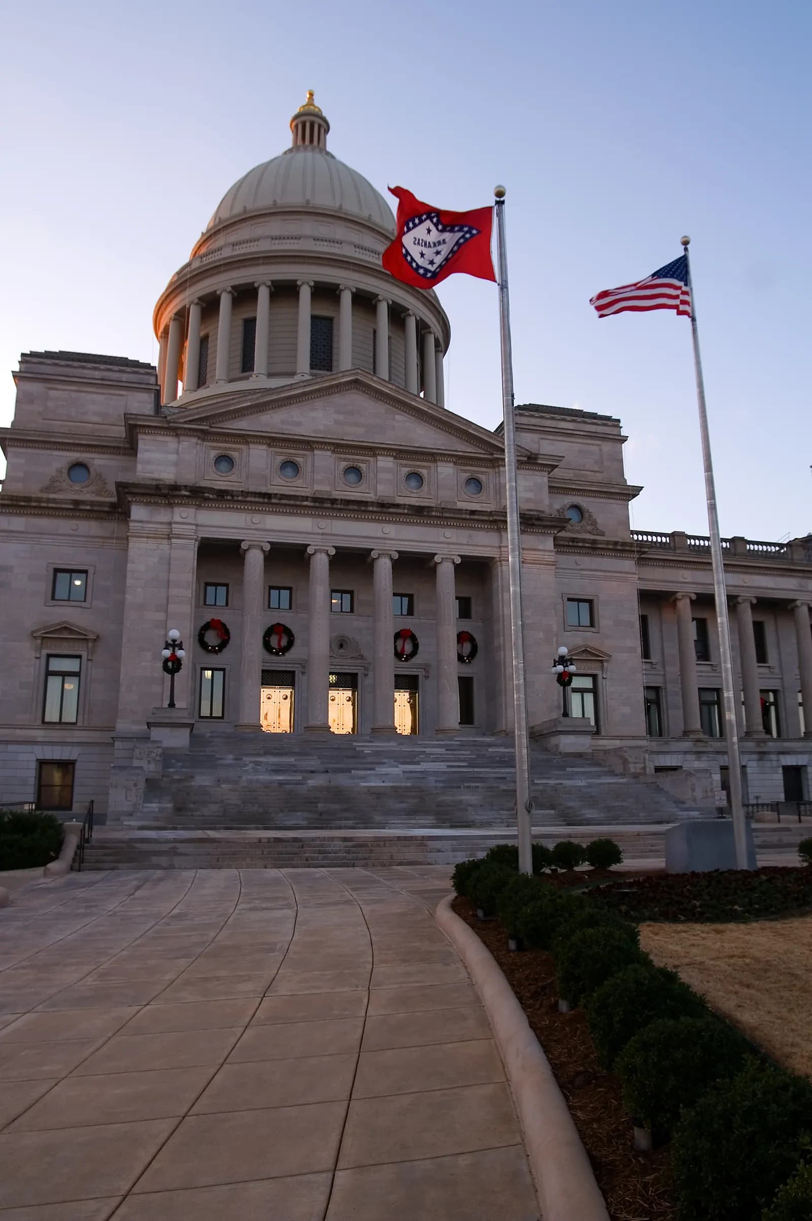The Arkansas State Capitol in Little Rock, a white neoclassical building with a central dome