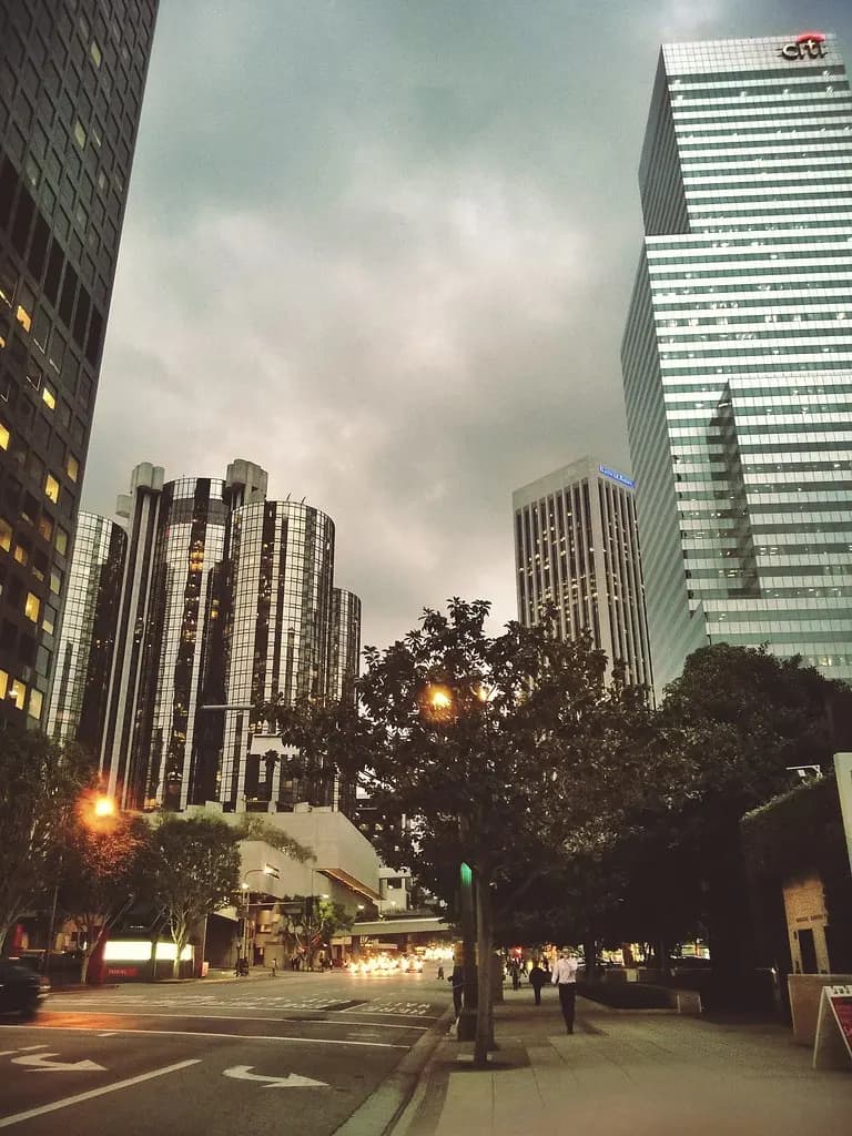 Office towers in downtown Los Angeles under a cloudy sky