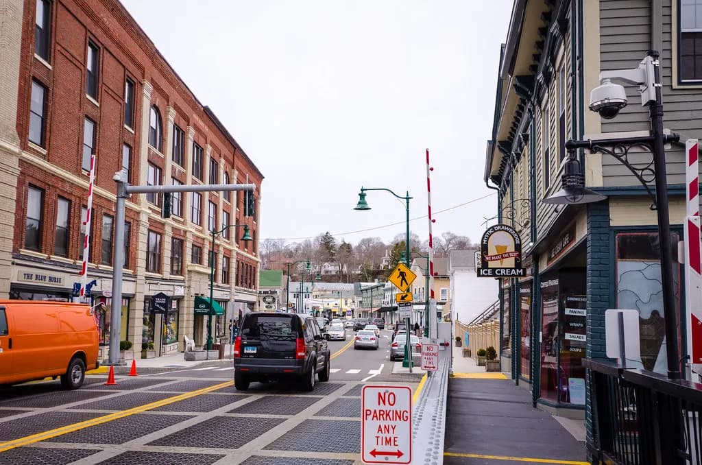 Small shops along the main street of downtown Mystic, Connecticut