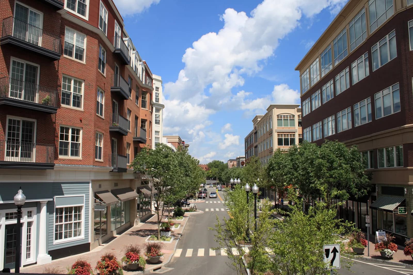 Shops and sidewalks at Blue Back Square in West Hartford, Connecticut