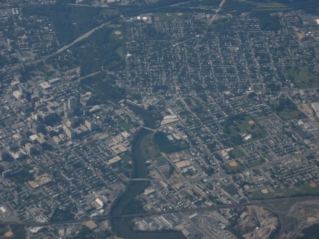 Aerial view of Wilmington, Delaware, with downtown office blocks on the left