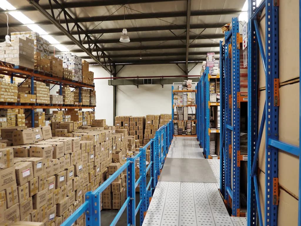 A supplier's warehouse with blue pallet racking stacked with cardboard cartons on both sides of an aisle