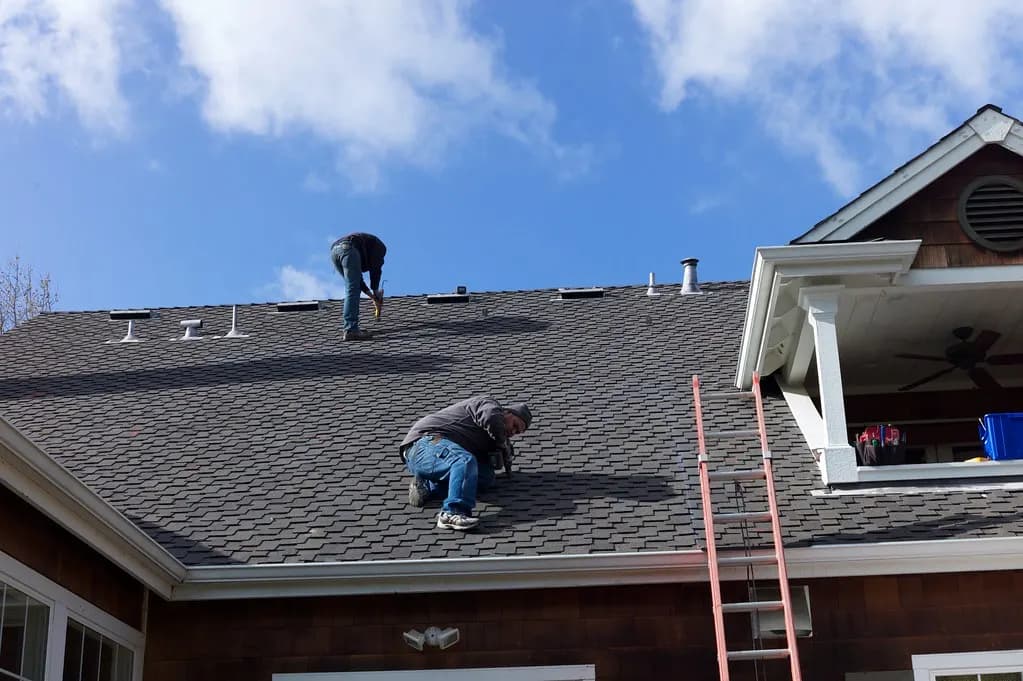 Two roofers working on an asphalt shingle roof with a ladder against the house