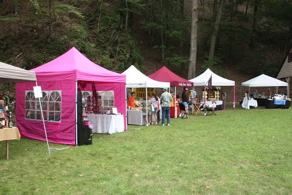 Vendor tents and handmade goods on display at an outdoor arts and crafts fair in a Virginia state park