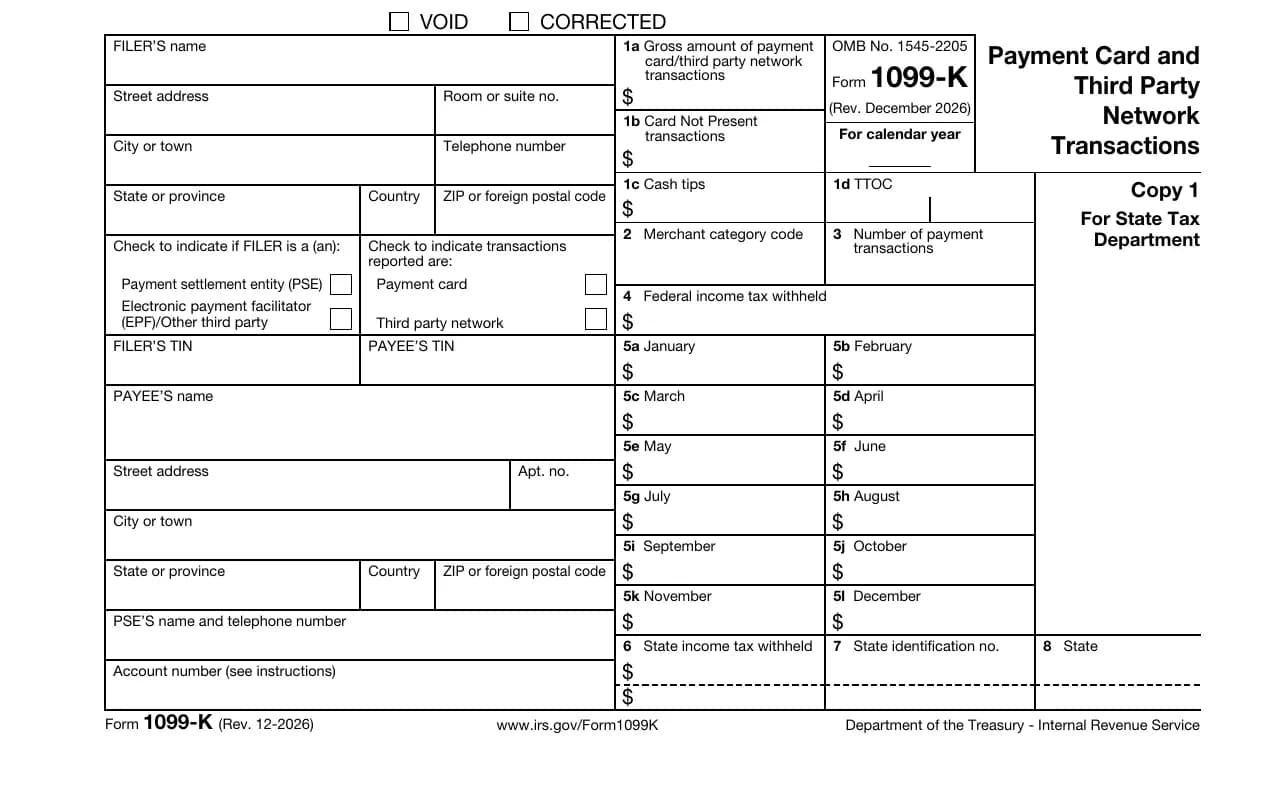 Blank IRS Form 1099-K (Rev. December 2026) showing box 1a gross amount, 1b card not present, new boxes 1c cash tips and 1d TTOC, box 4 federal income tax withheld and monthly boxes 5a to 5l