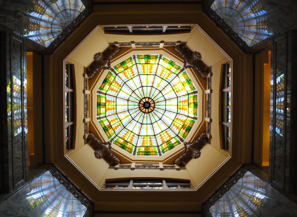 Looking up into the stained-glass dome of the restored 1910 Harris County Courthouse in Houston