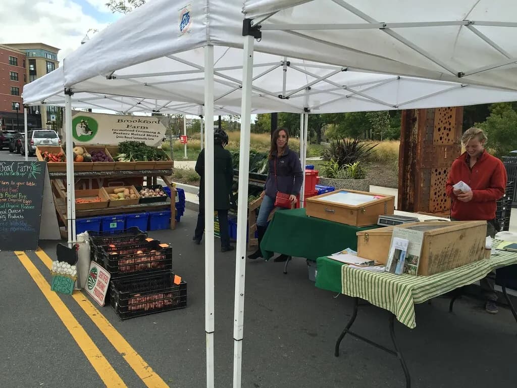 Vendors selling produce and goods under white canopy tents at a farmers market