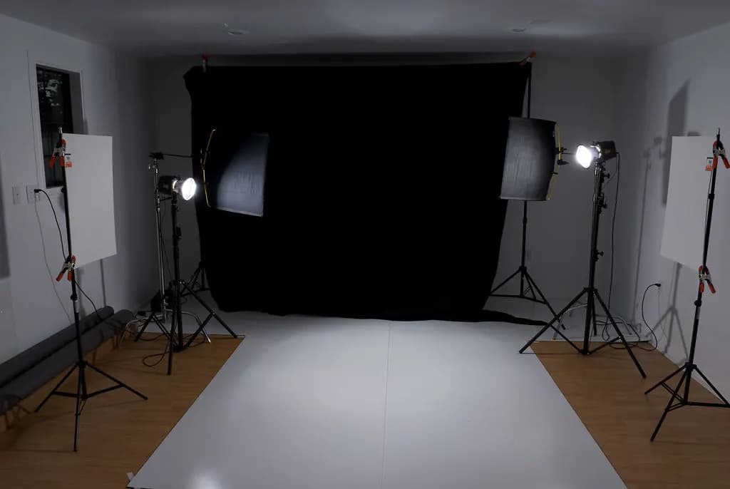 A small home photography studio with a black backdrop, white floor sweep, softboxes and light stands