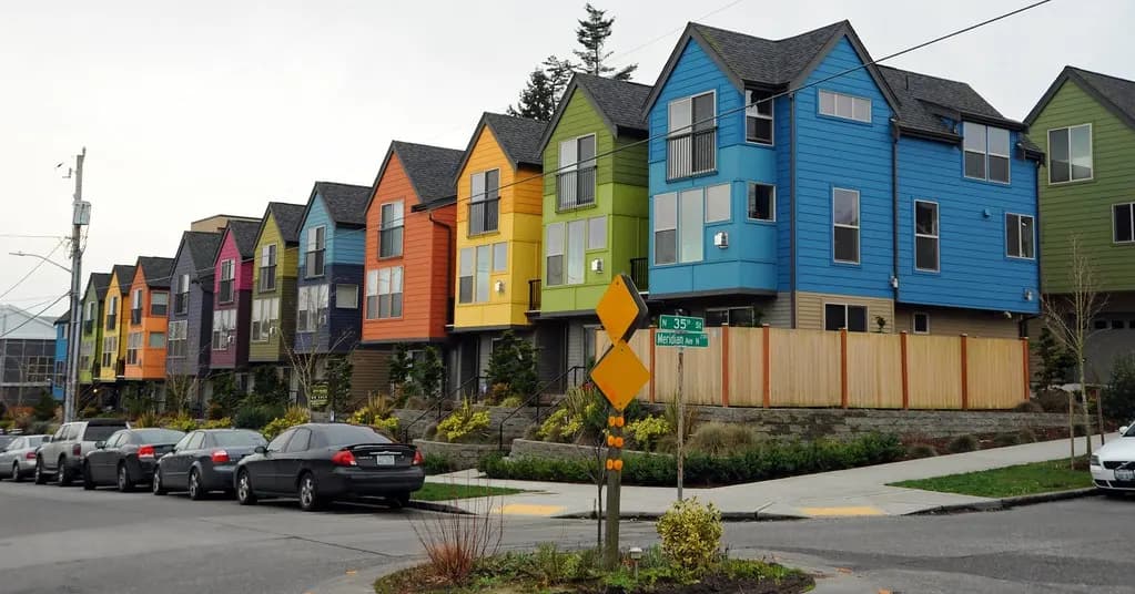 A row of brightly painted modern townhouses on a sloping street with parked cars